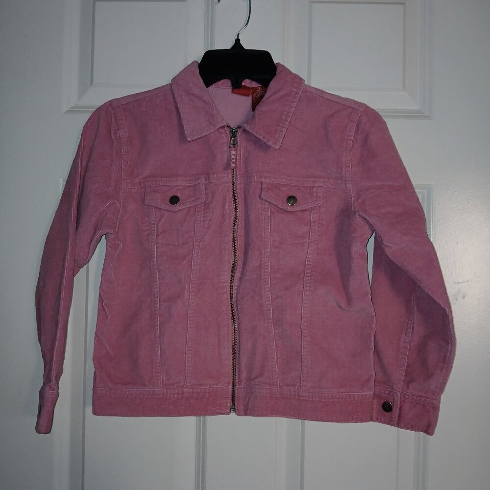 Dusty Rose Pink Ribbed Corduroy Full Zip Trucker School Jacket Girls Sz L 10 12